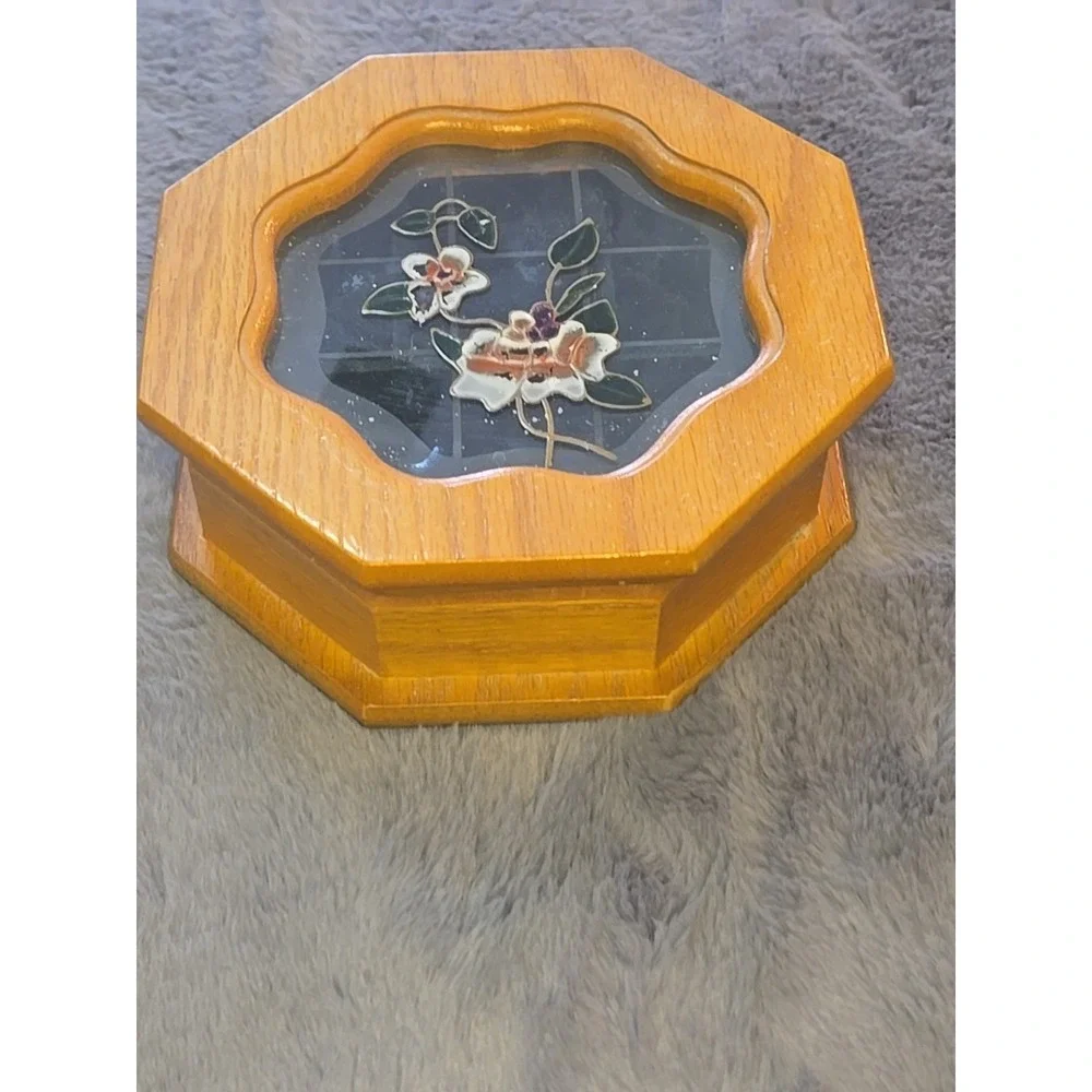 VTG Wooden Octagon Jewelry Box Floral Etched Glass Lid Mirror Inset Small‎ 70s